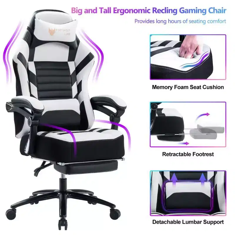 Chaise de jeu à dossier haut, chaise de bureau ergonomique avec repose-pieds pliable, chaise confortable réglable en hauteur pour étude, salle de jeux