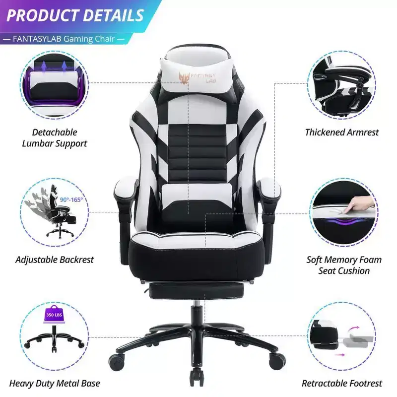 Chaise de jeu à dossier haut, chaise de bureau ergonomique avec repose-pieds pliable, chaise confortable réglable en hauteur pour étude, salle de jeux
