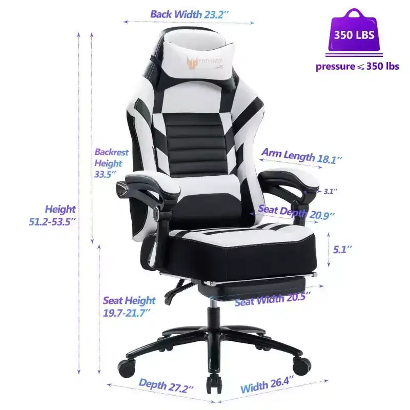 Chaise de jeu à dossier haut, chaise de bureau ergonomique avec repose-pieds pliable, chaise confortable réglable en hauteur pour étude, salle de jeux