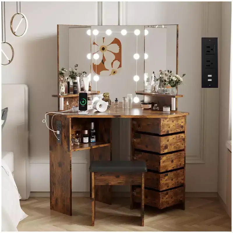 Coiffeuse d'angle avec miroir et lumières, coiffeuse de maquillage à 3 couleurs d'éclairage avec prise de courant, 5 tiroirs rotatifs, tabouret et étagères ouvertes