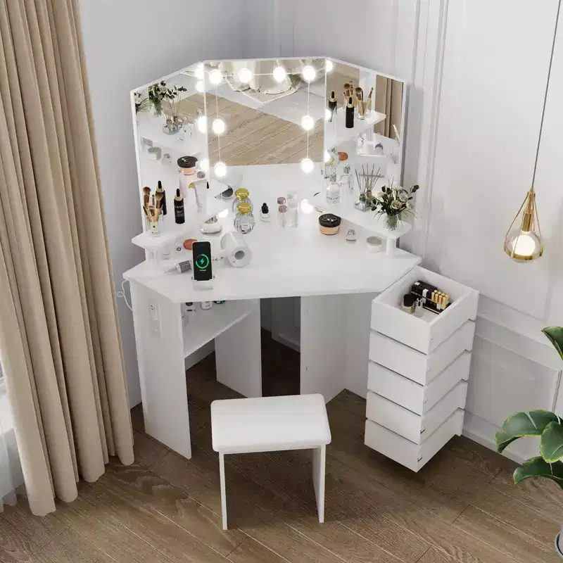Coiffeuse d'angle avec miroir et lumières, coiffeuse de maquillage à 3 couleurs d'éclairage avec prise de courant, 5 tiroirs rotatifs, tabouret et étagères ouvertes