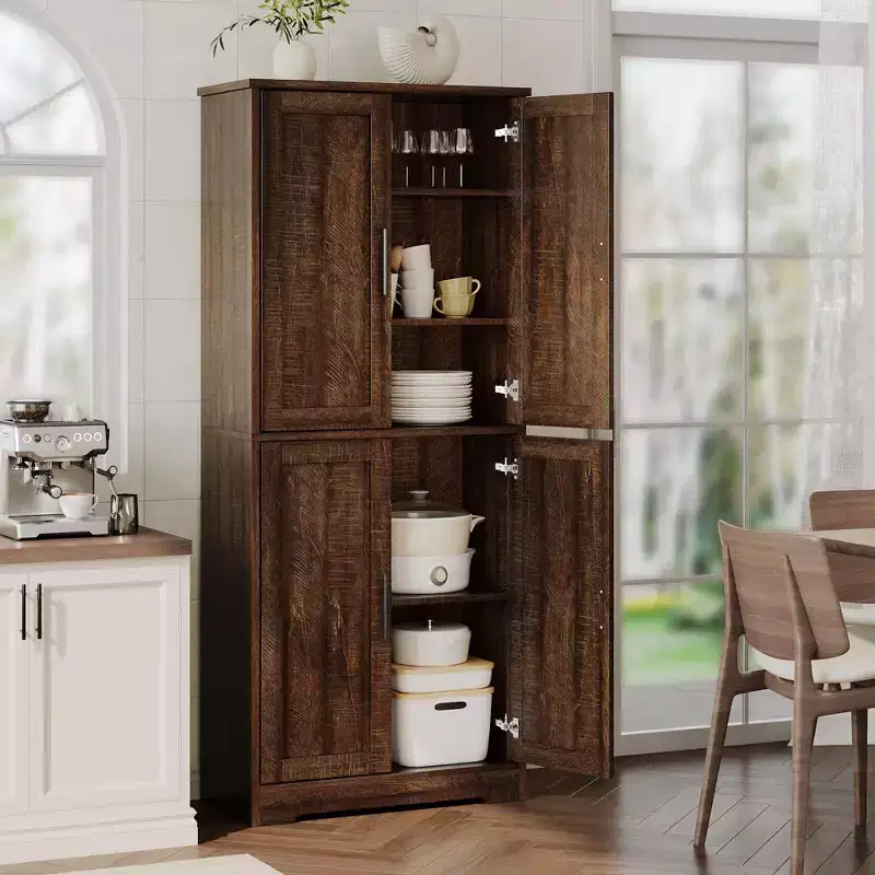 Meuble de rangement autoportant de 178 cm de hauteur avec 4 portes et étagères ouvertes, armoire de rangement réglable pour salle à manger, salle de bain, salon