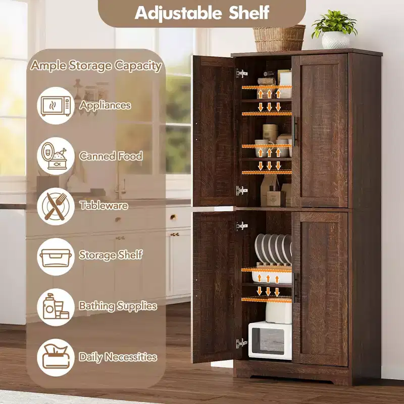 Meuble de rangement autoportant de 178 cm de hauteur avec 4 portes et étagères ouvertes, armoire de rangement réglable pour salle à manger, salle de bain, salon