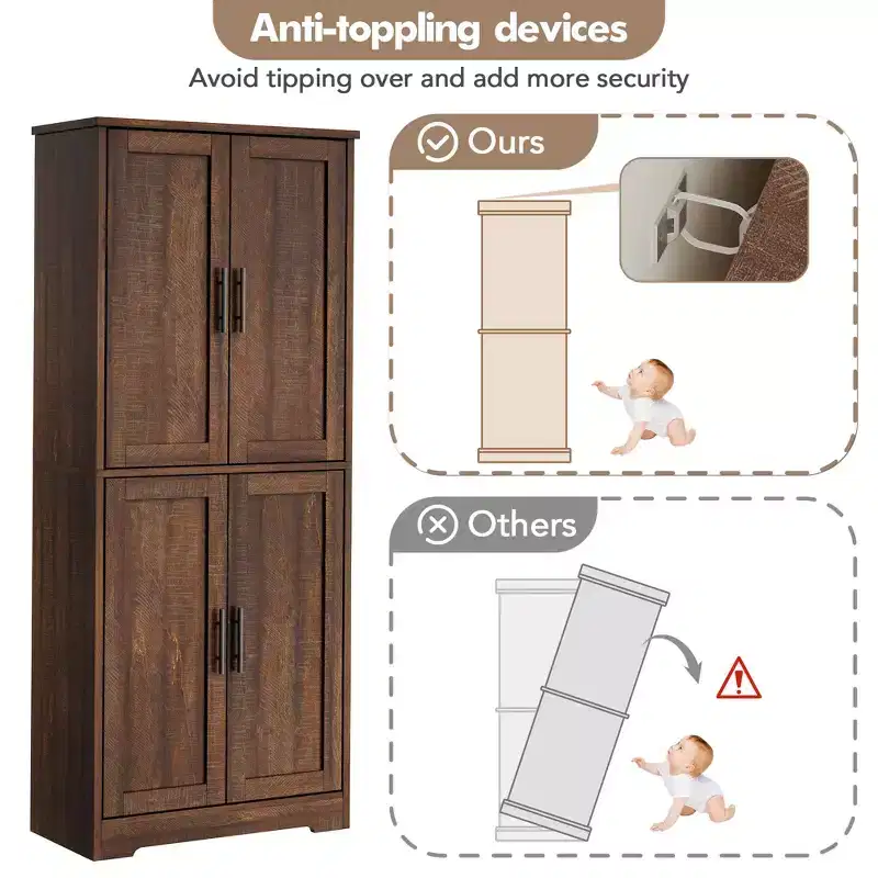 Meuble de rangement autoportant de 178 cm de hauteur avec 4 portes et étagères ouvertes, armoire de rangement réglable pour salle à manger, salle de bain, salon