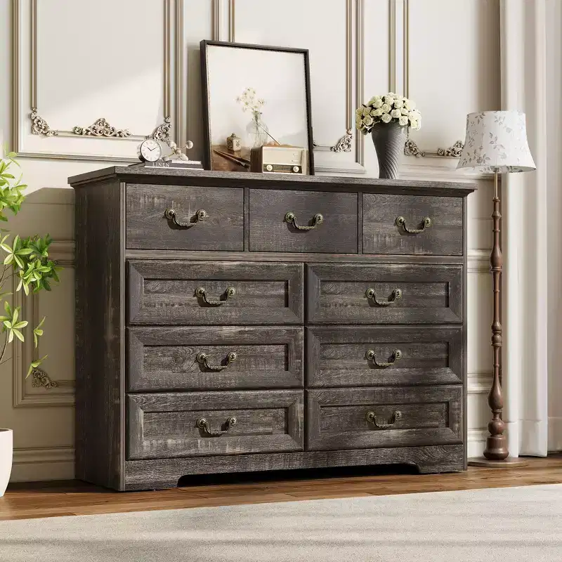 Commode de chambre à 9 tiroirs vintage de 119 cm, en bois avec texture naturelle, grand meuble de rangement pour dressing, salon