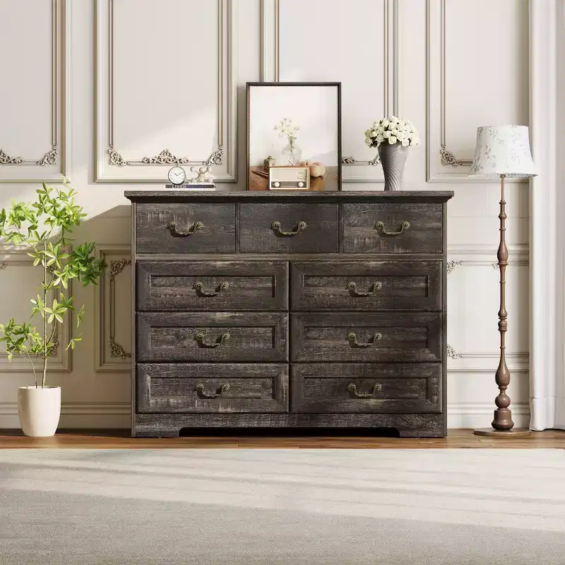 Commode de chambre à 9 tiroirs vintage de 119 cm, en bois avec texture naturelle, grand meuble de rangement pour dressing, salon