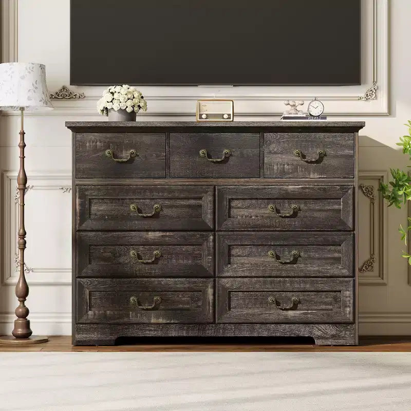 Commode de chambre à 9 tiroirs vintage de 119 cm, en bois avec texture naturelle, grand meuble de rangement pour dressing, salon
