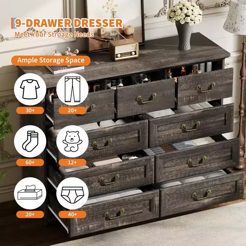 Commode de chambre à 9 tiroirs vintage de 119 cm, en bois avec texture naturelle, grand meuble de rangement pour dressing, salon