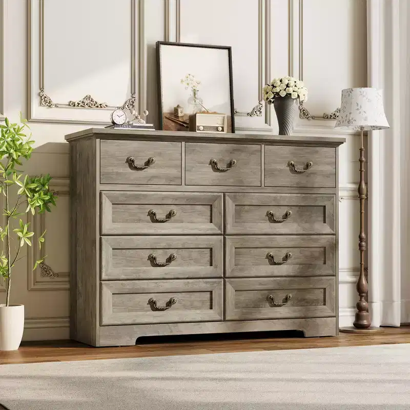 Commode de chambre à 9 tiroirs vintage de 119 cm, en bois avec texture naturelle, grand meuble de rangement pour dressing, salon