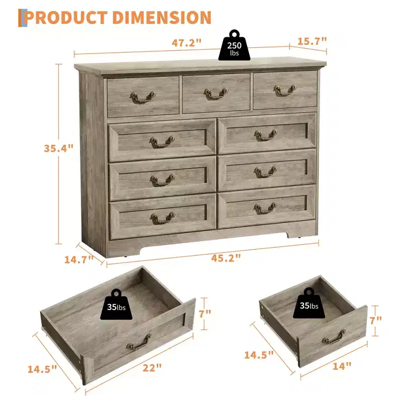 Commode de chambre à 9 tiroirs vintage de 119 cm, en bois avec texture naturelle, grand meuble de rangement pour dressing, salon