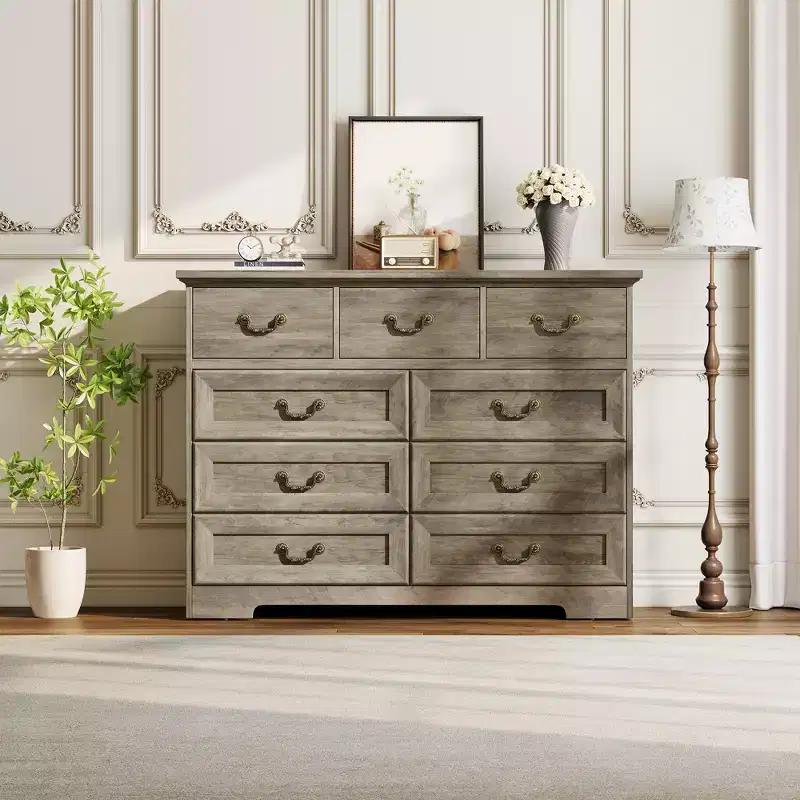 Commode de chambre à 9 tiroirs vintage de 119 cm, en bois avec texture naturelle, grand meuble de rangement pour dressing, salon