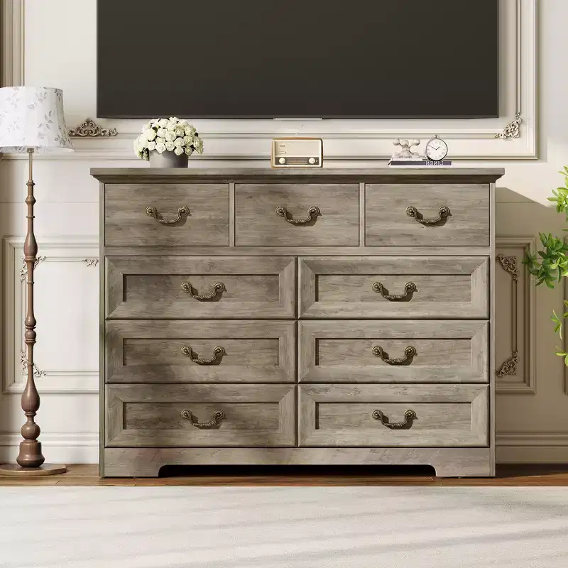 Commode de chambre à 9 tiroirs vintage de 119 cm, en bois avec texture naturelle, grand meuble de rangement pour dressing, salon