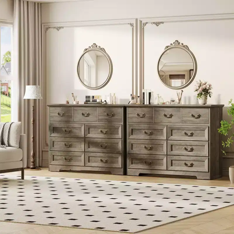 Commode de chambre à 9 tiroirs vintage de 119 cm, en bois avec texture naturelle, grand meuble de rangement pour dressing, salon