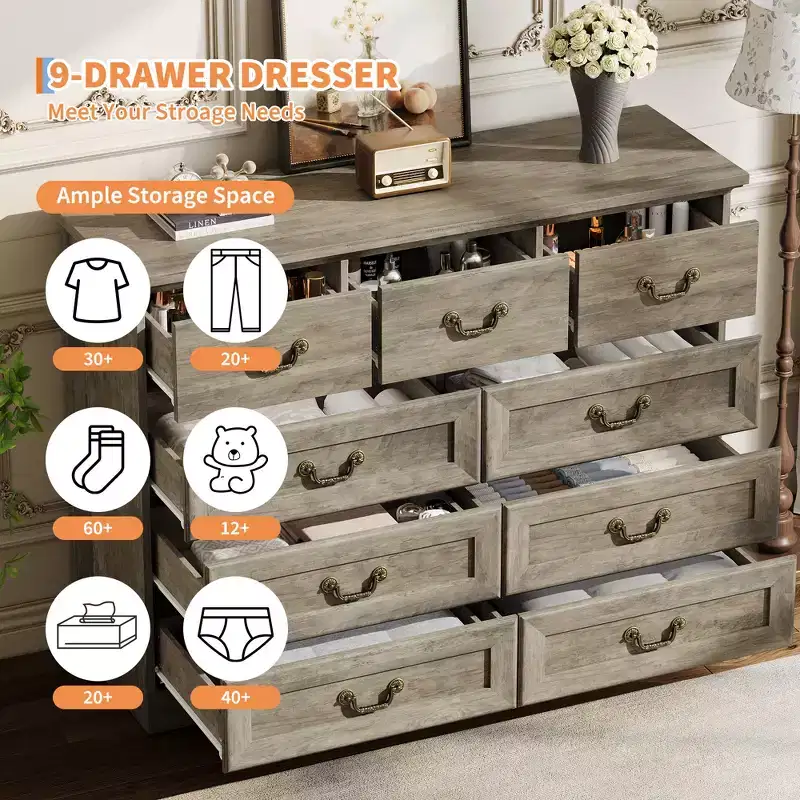 Commode de chambre à 9 tiroirs vintage de 119 cm, en bois avec texture naturelle, grand meuble de rangement pour dressing, salon