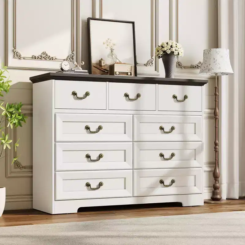 Commode de chambre à 9 tiroirs vintage de 119 cm, en bois avec texture naturelle, grand meuble de rangement pour dressing, salon