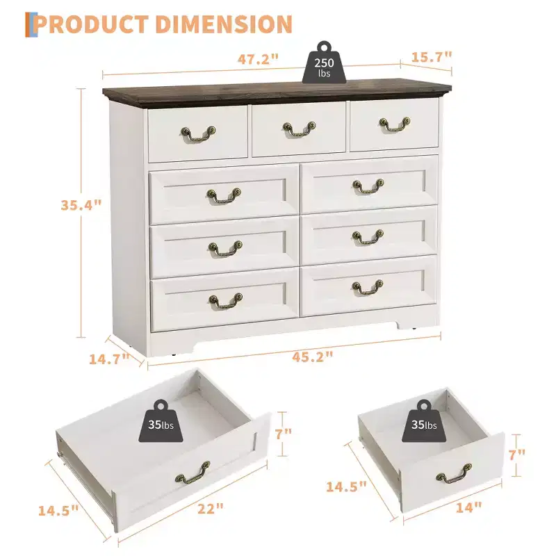 Commode de chambre à 9 tiroirs vintage de 119 cm, en bois avec texture naturelle, grand meuble de rangement pour dressing, salon