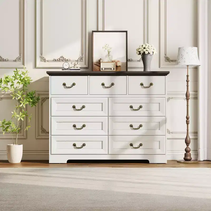 Commode de chambre à 9 tiroirs vintage de 119 cm, en bois avec texture naturelle, grand meuble de rangement pour dressing, salon