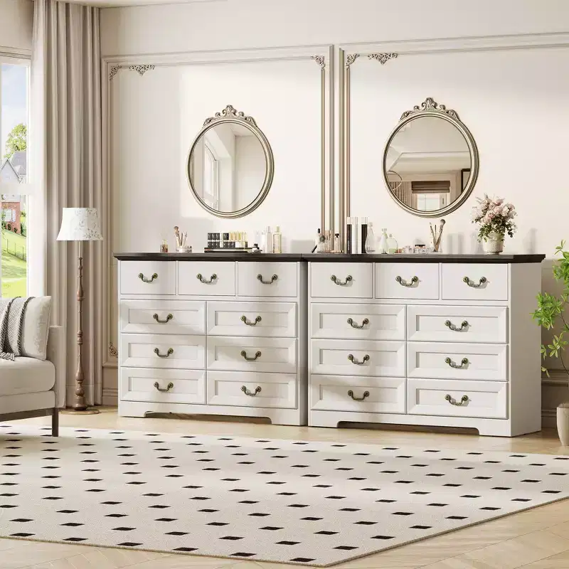 Commode de chambre à 9 tiroirs vintage de 119 cm, en bois avec texture naturelle, grand meuble de rangement pour dressing, salon