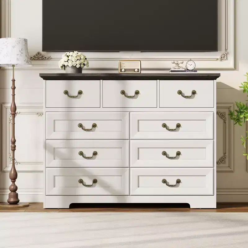 Commode de chambre à 9 tiroirs vintage de 119 cm, en bois avec texture naturelle, grand meuble de rangement pour dressing, salon