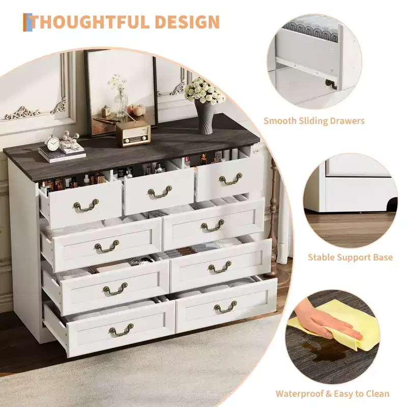 Commode de chambre à 9 tiroirs vintage de 119 cm, en bois avec texture naturelle, grand meuble de rangement pour dressing, salon