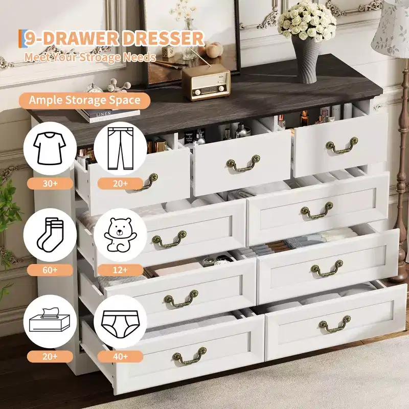 Commode de chambre à 9 tiroirs vintage de 119 cm, en bois avec texture naturelle, grand meuble de rangement pour dressing, salon