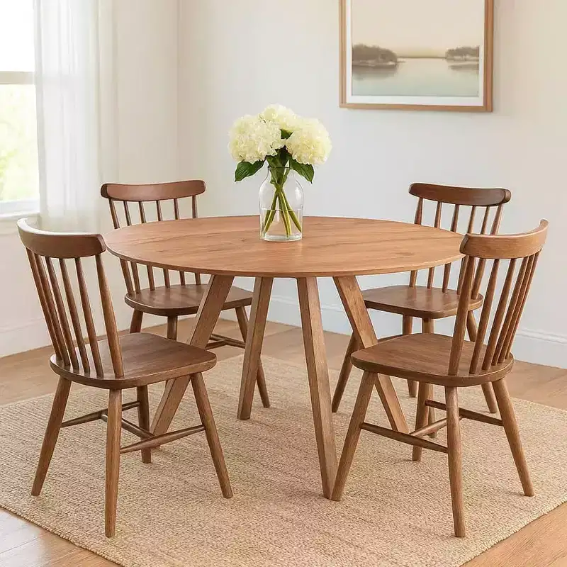 Table de salle à manger Royal Hampton | Plateau rond de 120 cm | Bois de manguier naturel marron fait main | Piétement oblique à quatre pieds