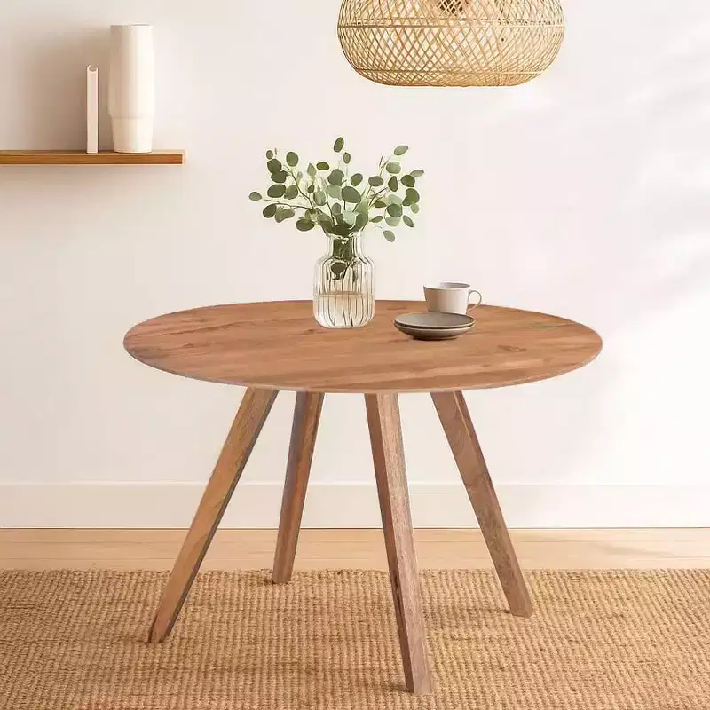 Table de salle à manger Royal Hampton | Plateau rond de 120 cm | Bois de manguier naturel marron fait main | Piétement oblique à quatre pieds