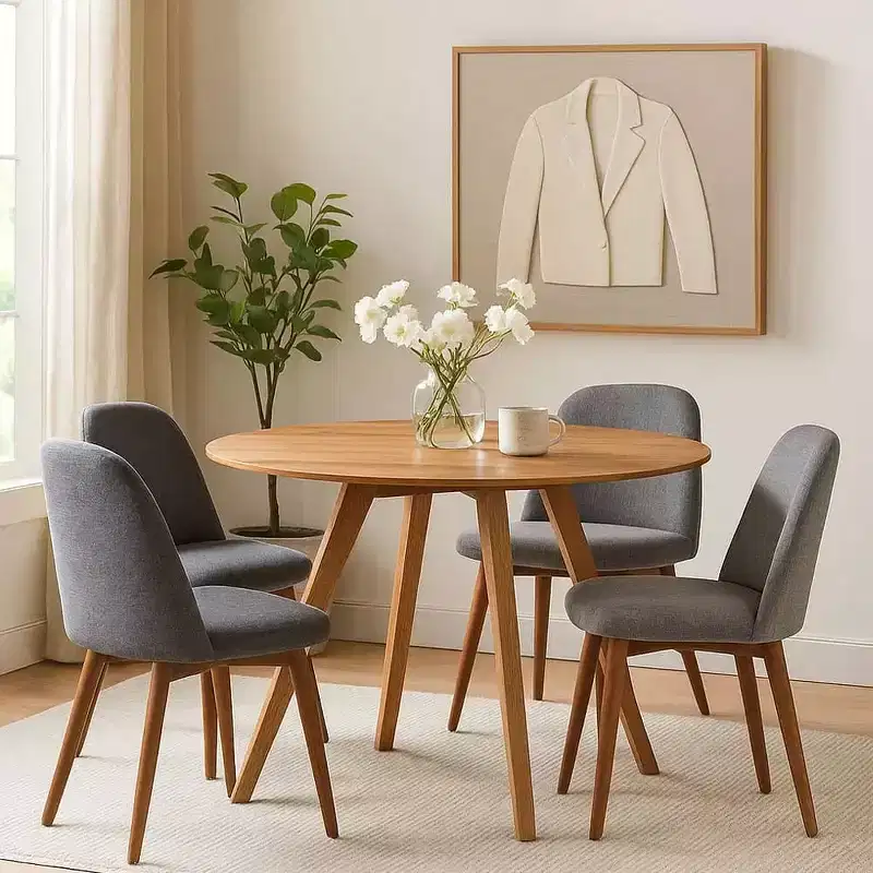 Table de salle à manger Royal Hampton | Plateau rond de 120 cm | Bois de manguier naturel marron fait main | Piétement oblique à quatre pieds