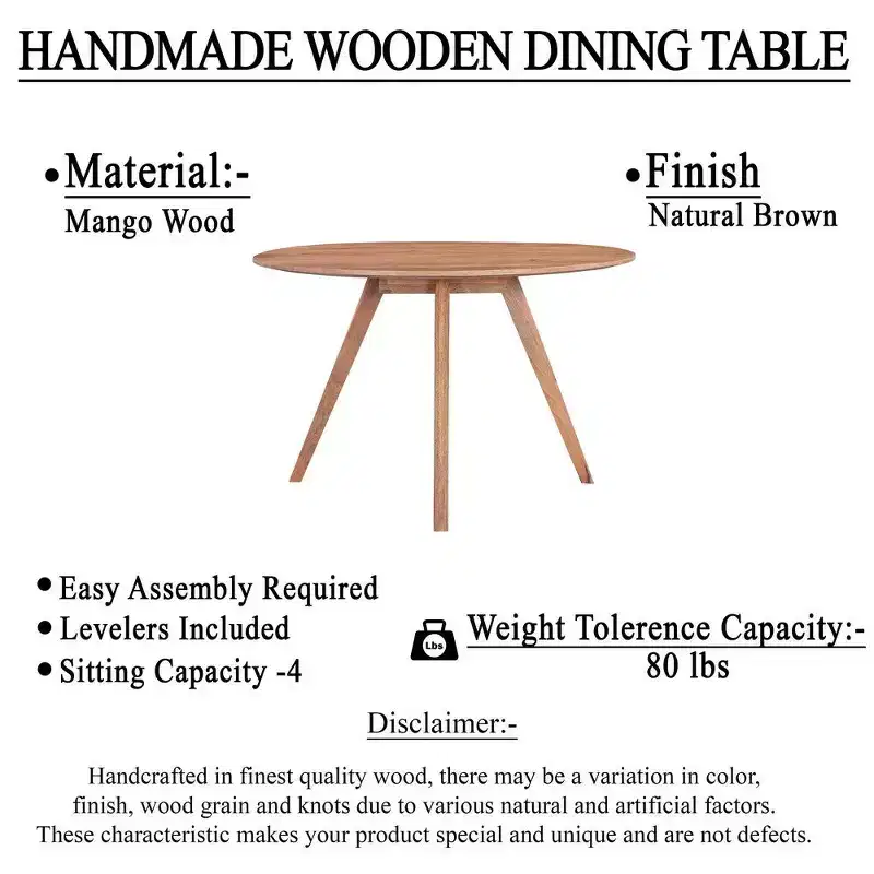 Table de salle à manger Royal Hampton | Plateau rond de 120 cm | Bois de manguier naturel marron fait main | Piétement oblique à quatre pieds