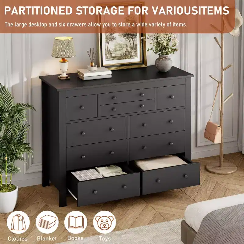 Commode à 10 tiroirs pour chambre à coucher, commode en bois de 120 cm de large, organisateur de rangement de vêtements, meuble TV pour salon, couloir, chambre à coucher