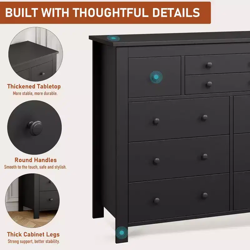 Commode à 10 tiroirs pour chambre à coucher, commode en bois de 120 cm de large, organisateur de rangement de vêtements, meuble TV pour salon, couloir, chambre à coucher