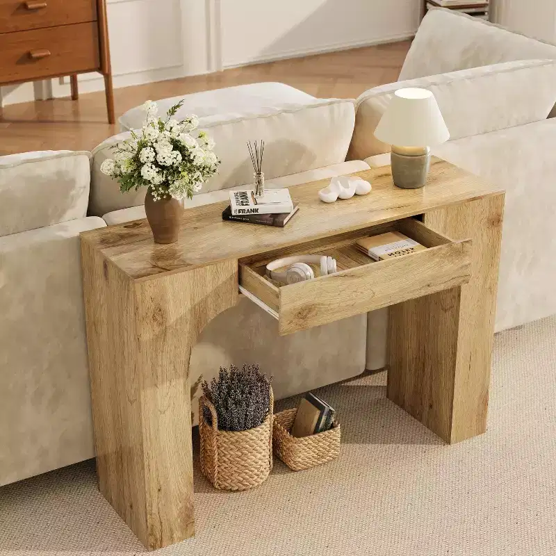 Console longue avec tiroir, table de canapé rectangulaire en bois derrière le canapé, tables de couloir d'entrée de ferme pour l'entrée, salon