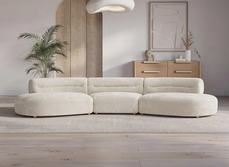 Canapé droit fixe 6 places en velours tissé beige IMENIA