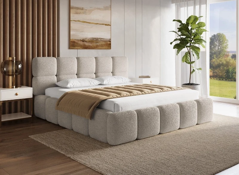 Lit coffre tissu bouclette taupe 180x200 cm BUBBLE