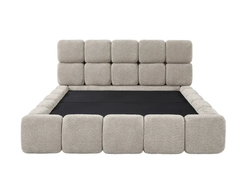 Lit coffre tissu bouclette taupe 180x200 cm BUBBLE