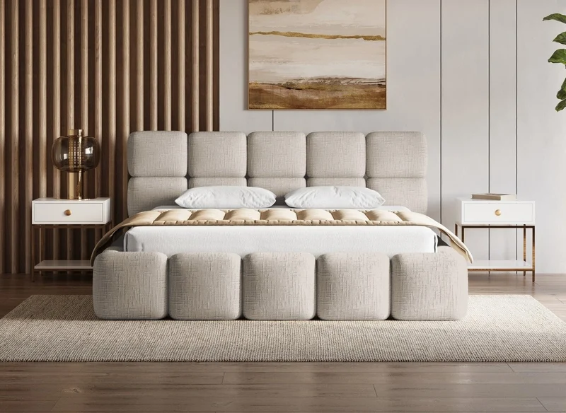 Lit coffre en velours chiné taupe 180x200 cm BUBBLE