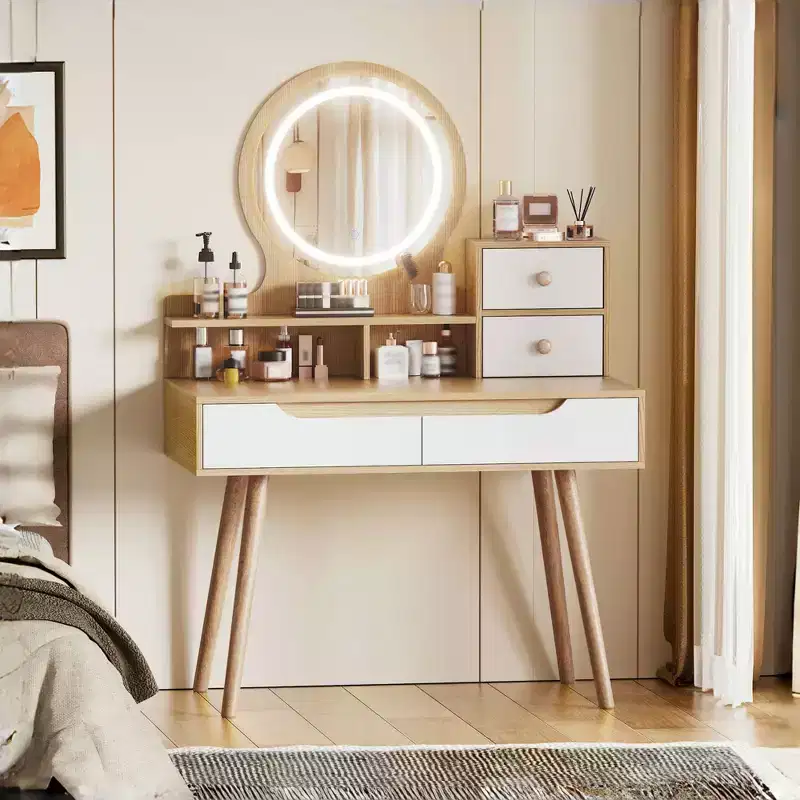 Coiffeuse élégante avec miroir lumineux réglable, pieds de table en bois massif, chêne blanc américain, MDF, taille compacte