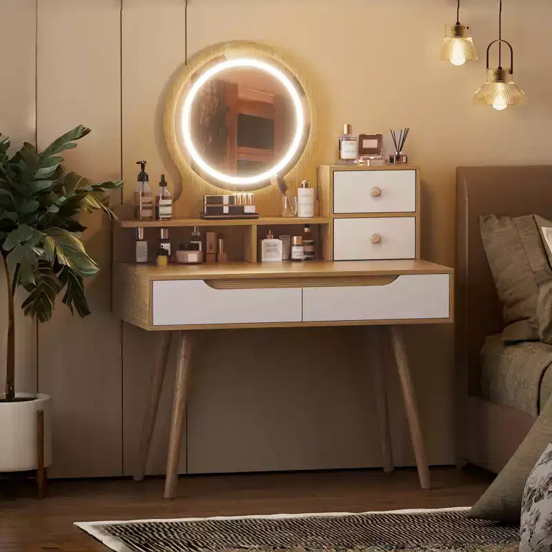 Coiffeuse élégante avec miroir lumineux réglable, pieds de table en bois massif, chêne blanc américain, MDF, taille compacte