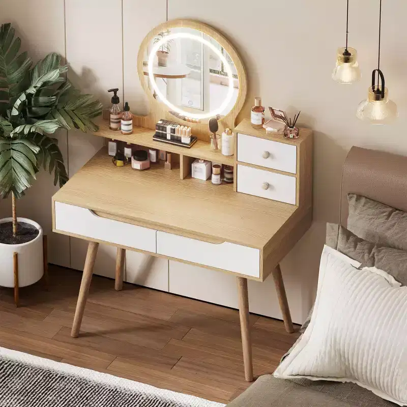 Coiffeuse élégante avec miroir lumineux réglable, pieds de table en bois massif, chêne blanc américain, MDF, taille compacte