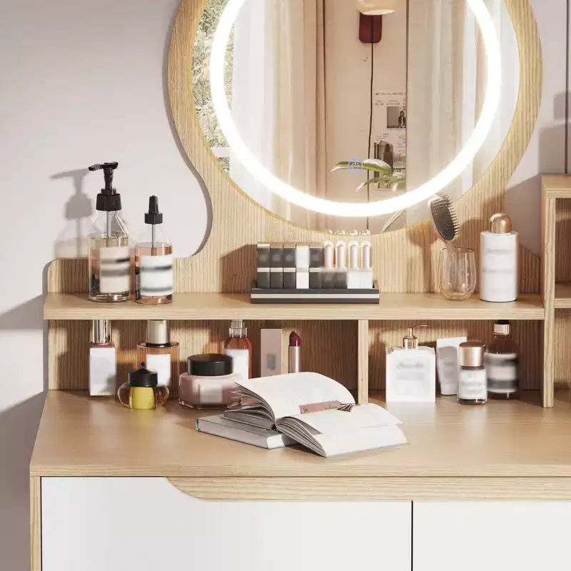 Coiffeuse élégante avec miroir lumineux réglable, pieds de table en bois massif, chêne blanc américain, MDF, taille compacte