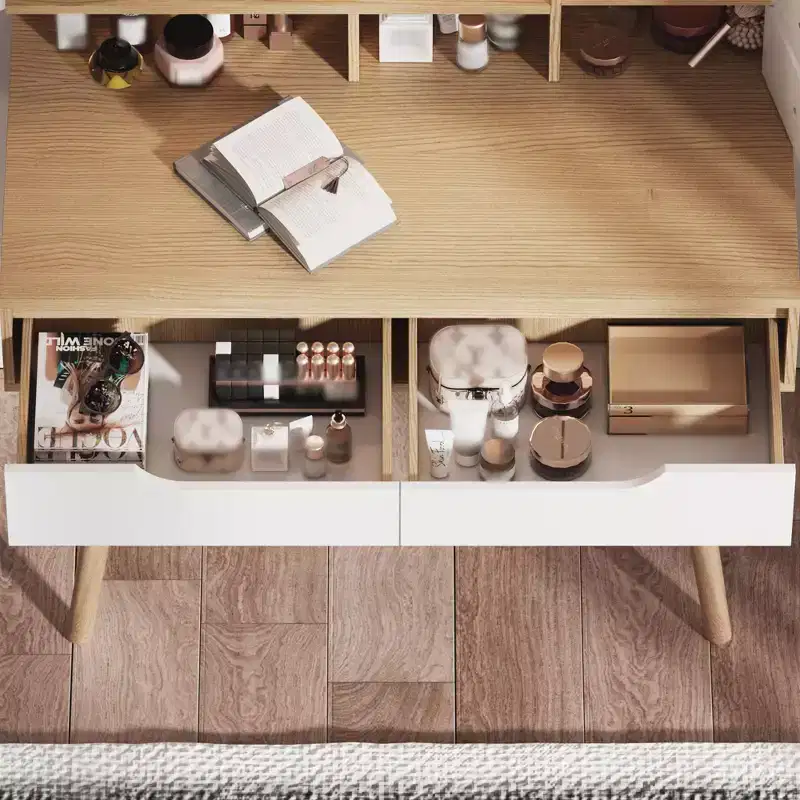 Coiffeuse élégante avec miroir lumineux réglable, pieds de table en bois massif, chêne blanc américain, MDF, taille compacte
