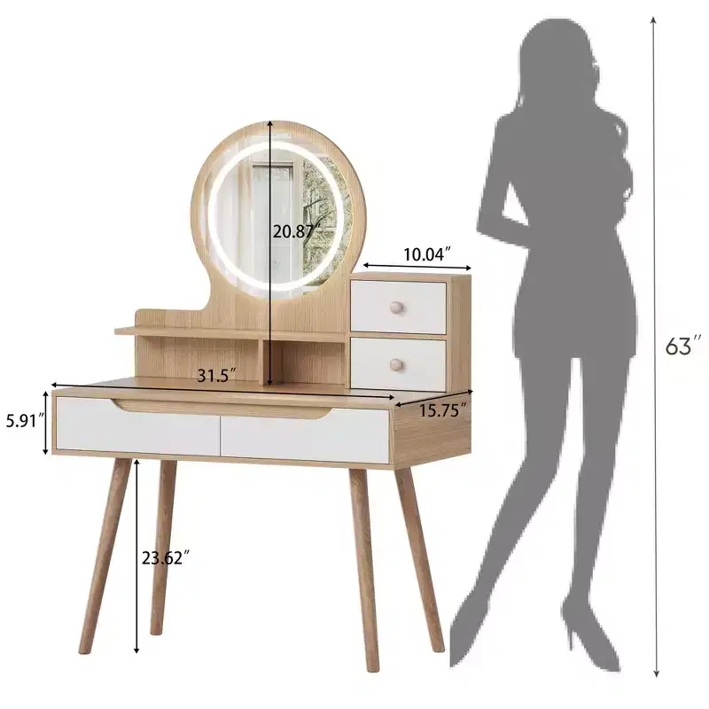 Coiffeuse élégante avec miroir lumineux réglable, pieds de table en bois massif, chêne blanc américain, MDF, taille compacte