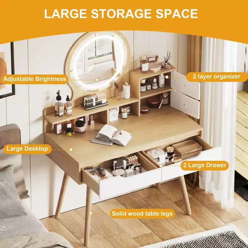 Coiffeuse élégante avec miroir lumineux réglable, pieds de table en bois massif, chêne blanc américain, MDF, taille compacte