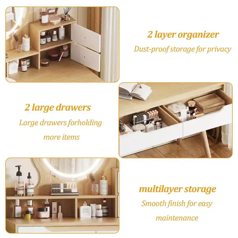 Coiffeuse élégante avec miroir lumineux réglable, pieds de table en bois massif, chêne blanc américain, MDF, taille compacte