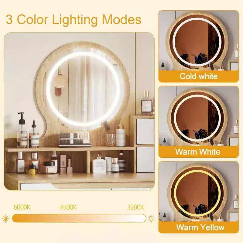 Coiffeuse élégante avec miroir lumineux réglable, pieds de table en bois massif, chêne blanc américain, MDF, taille compacte