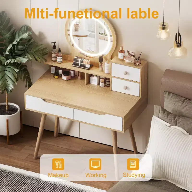 Coiffeuse élégante avec miroir lumineux réglable, pieds de table en bois massif, chêne blanc américain, MDF, taille compacte