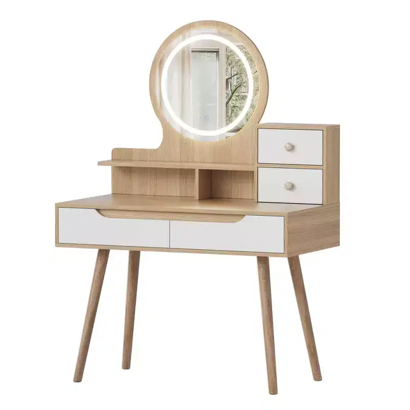 Coiffeuse élégante avec miroir lumineux réglable, pieds de table en bois massif, chêne blanc américain, MDF, taille compacte