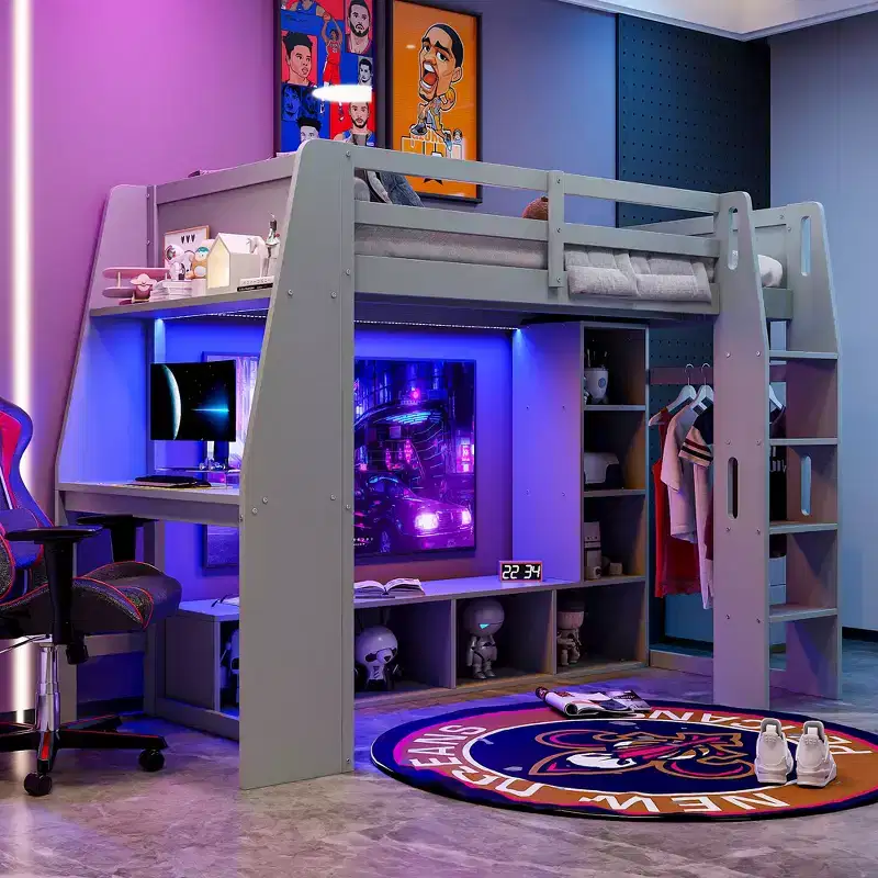 Lit mezzanine double de jeu avec bureau et LED, cadre de lit mezzanine en bois avec étagères de rangement et une penderie suspendue