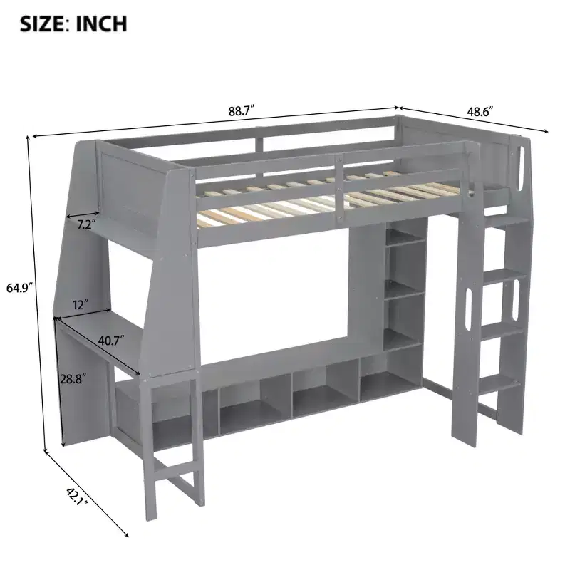 Lit mezzanine double de jeu avec bureau et LED, cadre de lit mezzanine en bois avec étagères de rangement et une penderie suspendue