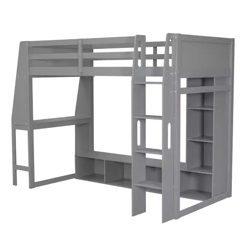 Lit mezzanine double de jeu avec bureau et LED, cadre de lit mezzanine en bois avec étagères de rangement et une penderie suspendue